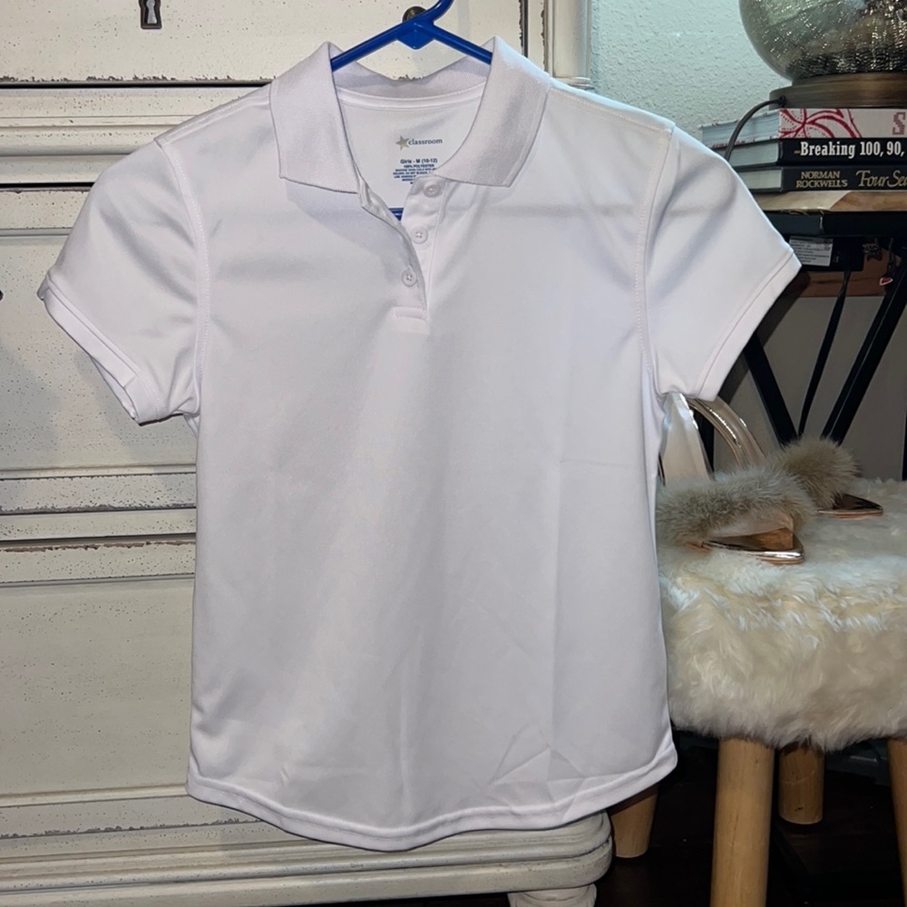 Classroom white collar youth school uniform polo shirt shortsleeve Medium 10-12​